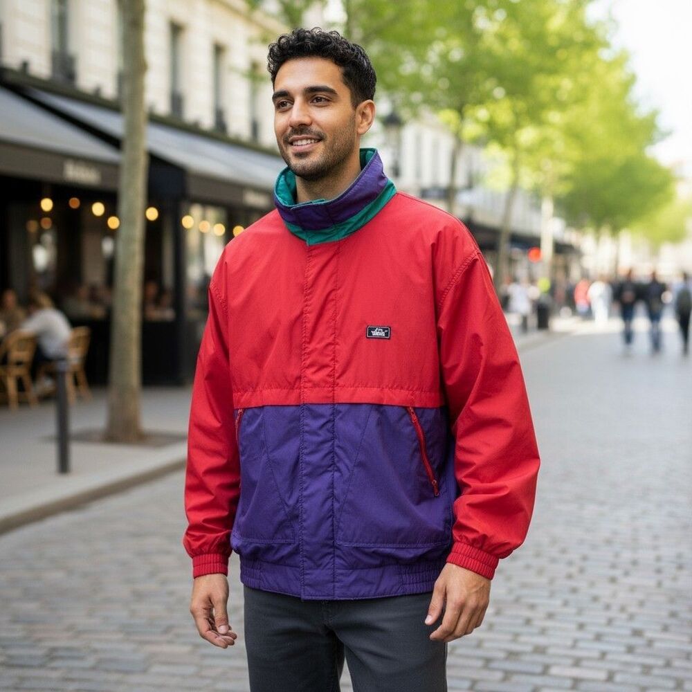 VTG 90's Woolrich Mens Color Block Windbreaker Size 2XL Full Zip Red Purple EUC